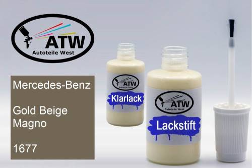 Mercedes-Benz, Gold Beige Magno, 1677: 20ml Lackstift + 20ml Klarlack - Set, von ATW Autoteile West.